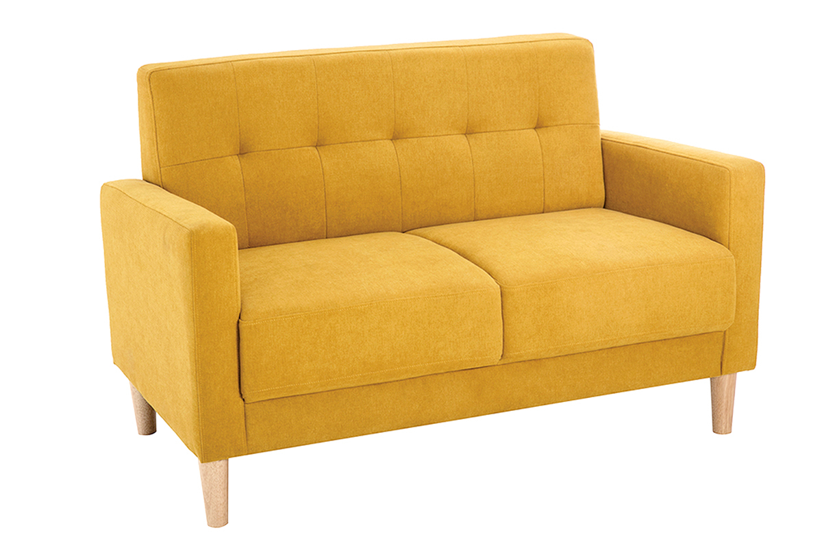 Canap scandinave 2 places en tissu effet velours jaune moutarde et bois clair MOON