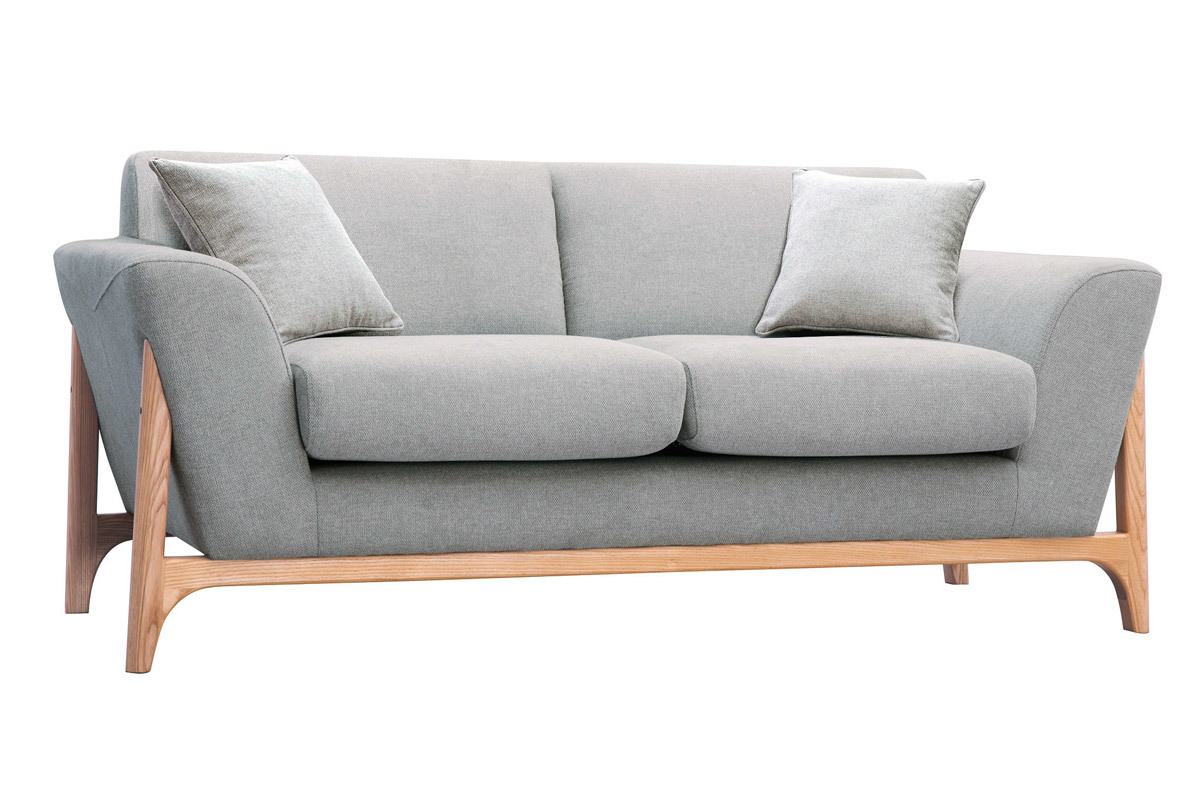 Canap scandinave 2 places en tissu effet velours textur gris clair et bois clair ASAKO