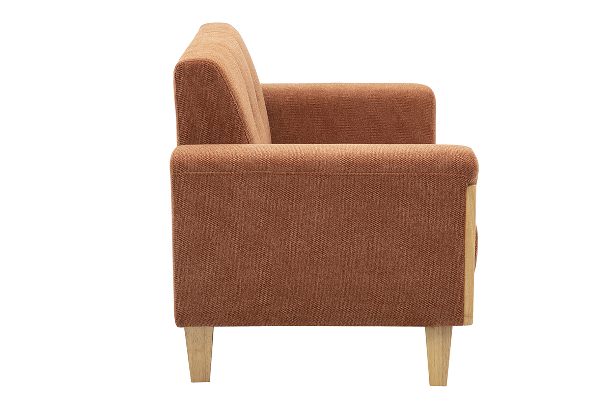 Canap� scandinave 2 places en tissu effet velours terre br�l�e, angle de profil, pieds en bois clair.