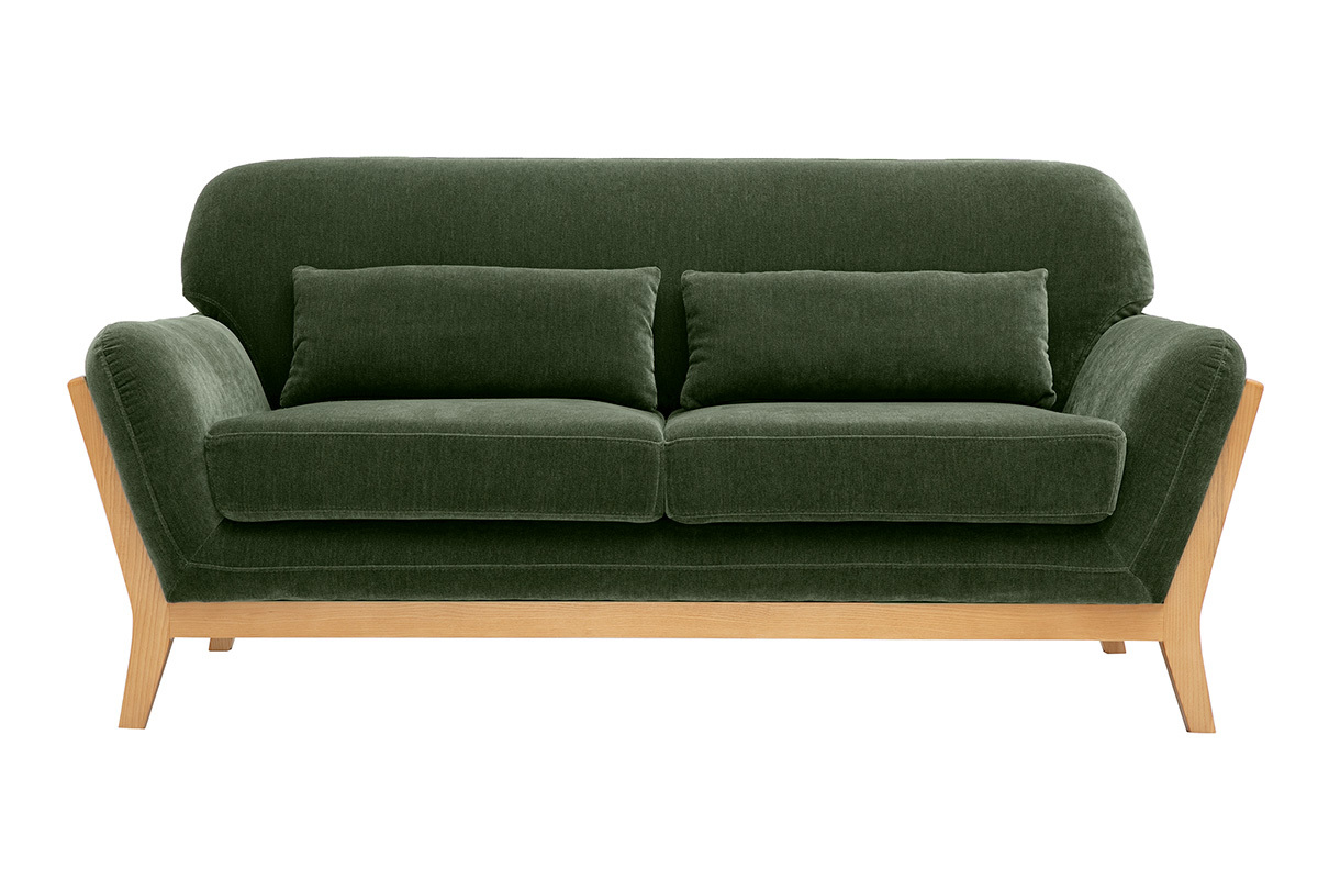 Canap� scandinave 2 places en tissu effet velours vert kaki avec bois clair, vue de face.