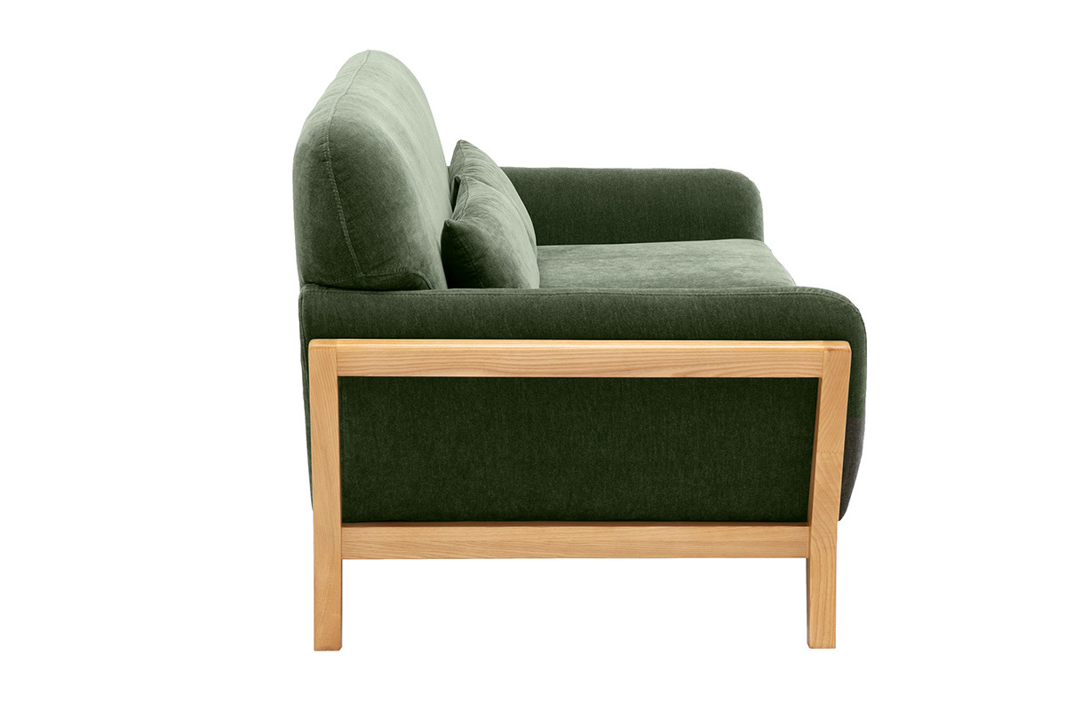 Canap� scandinave 2 places tissu velours vert kaki avec structure bois clair, vue de profil.