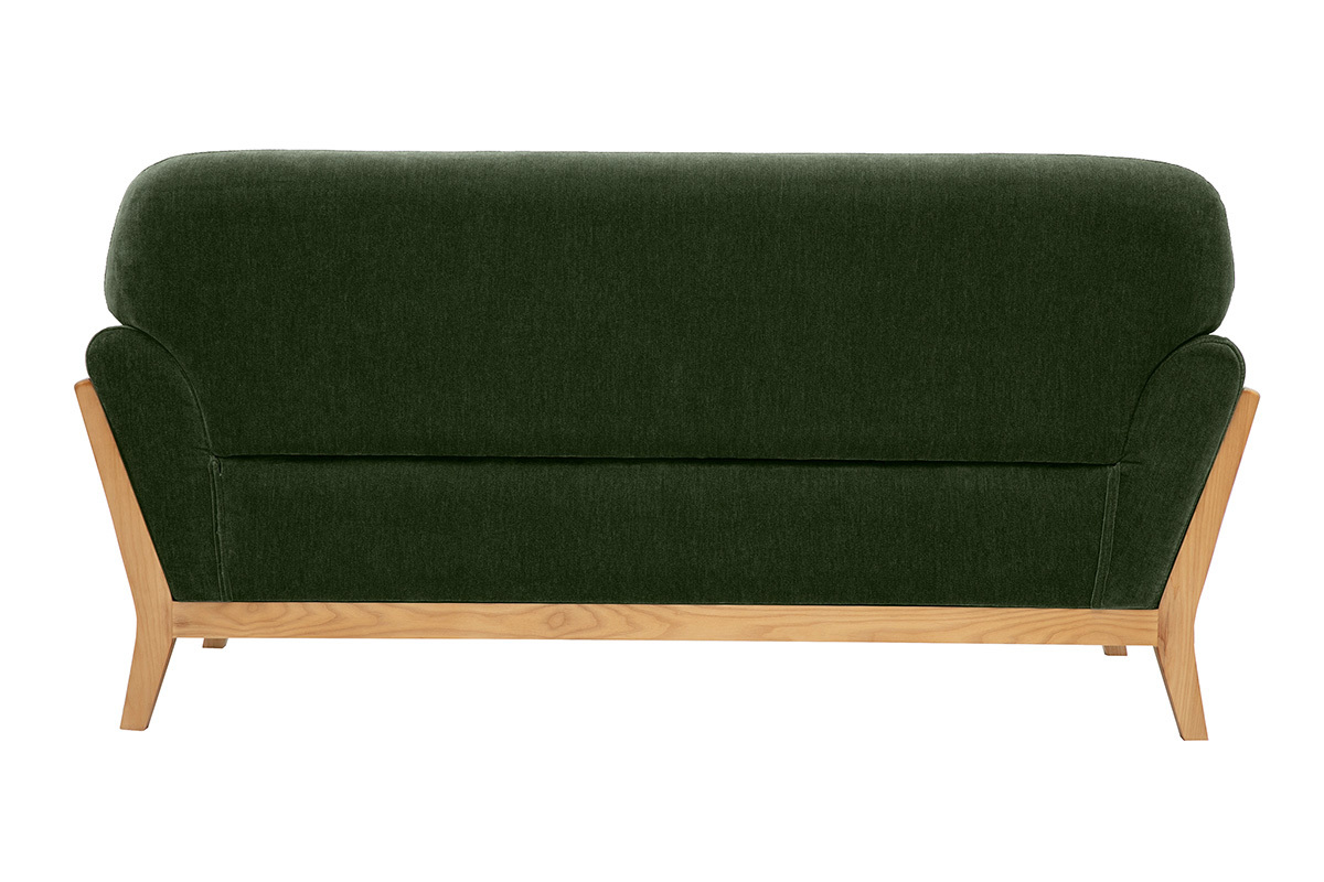 Canap� scandinave 2 places en tissu vert kaki, vue arri�re, avec structure en bois clair.