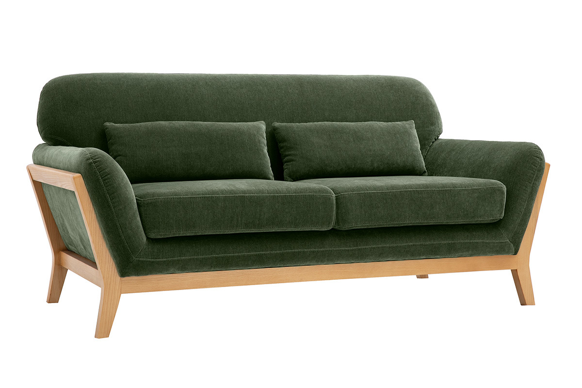 Canap� scandinave 2 places en tissu effet velours vert kaki et bois clair, vue de 3/4.