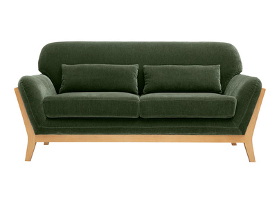 Canap&eacute; scandinave 2 places en tissu effet velours vert kaki et bois clair YOKO