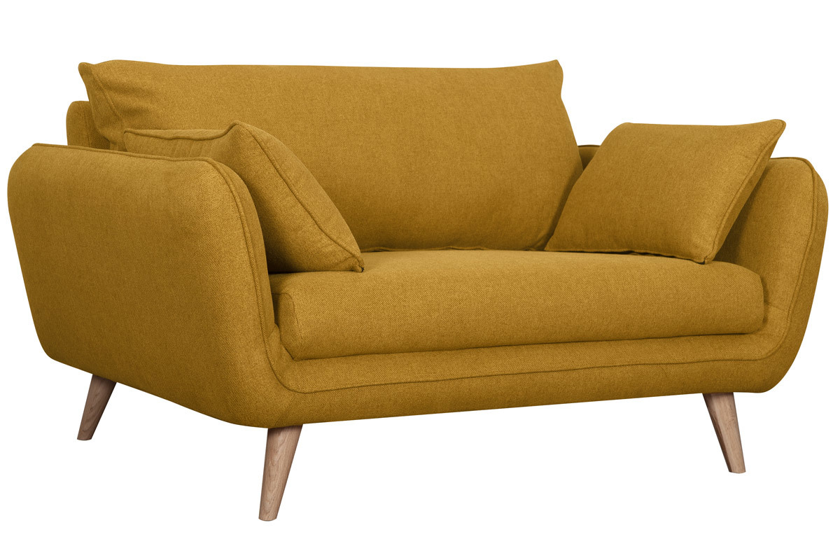 Canap� scandinave 2 places en tissu jaune cumin et bois clair CREEP