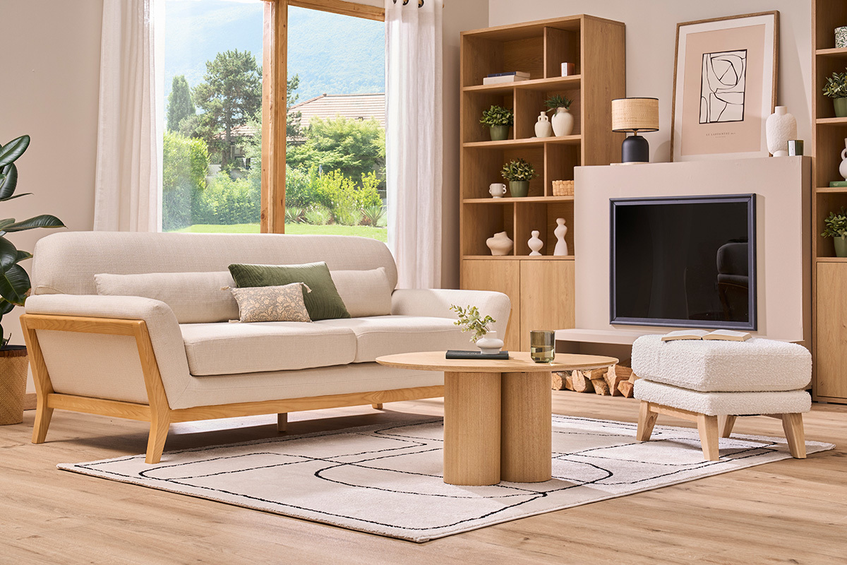 Canap scandinave 3 places en tissu beige et bois clair YOKO