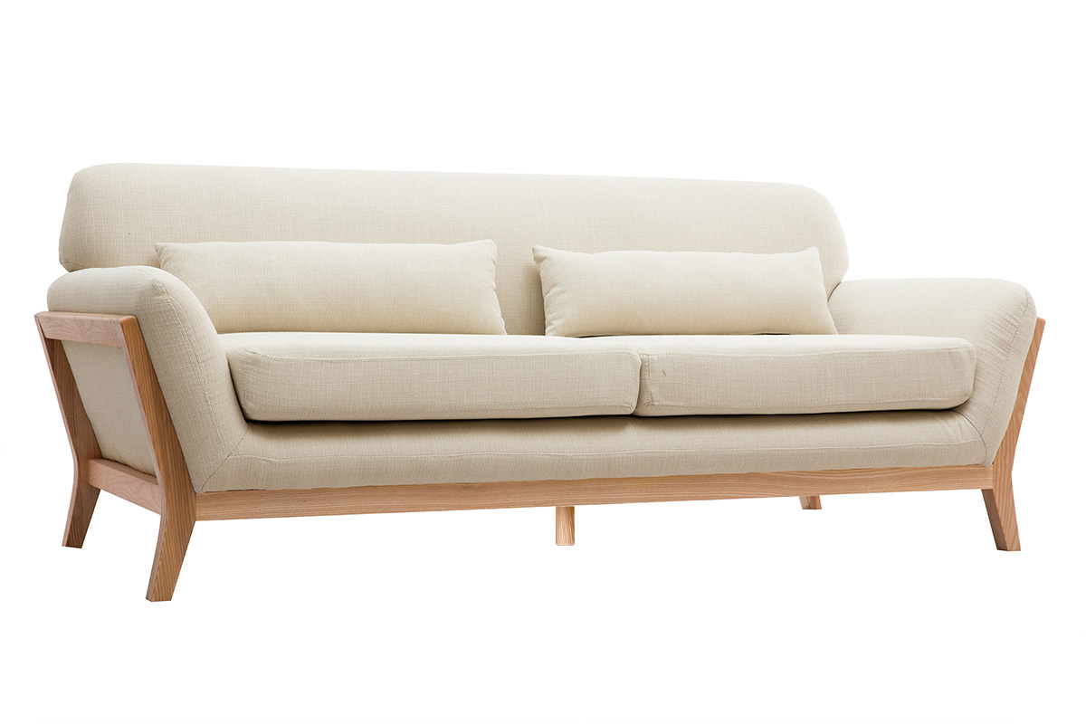 Canap scandinave 3 places en tissu beige et bois clair YOKO