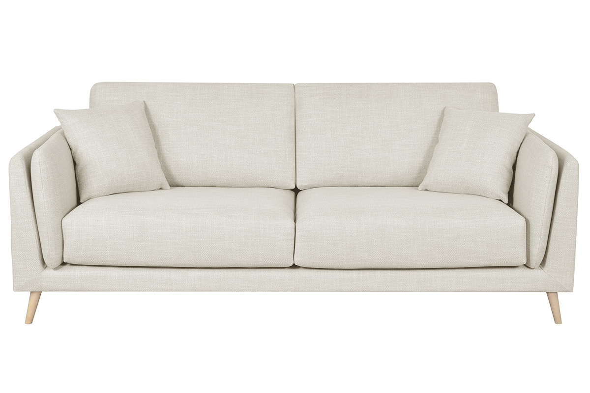 Canap� scandinave 3 places en tissu beige ivoire et bois clair VOGUE