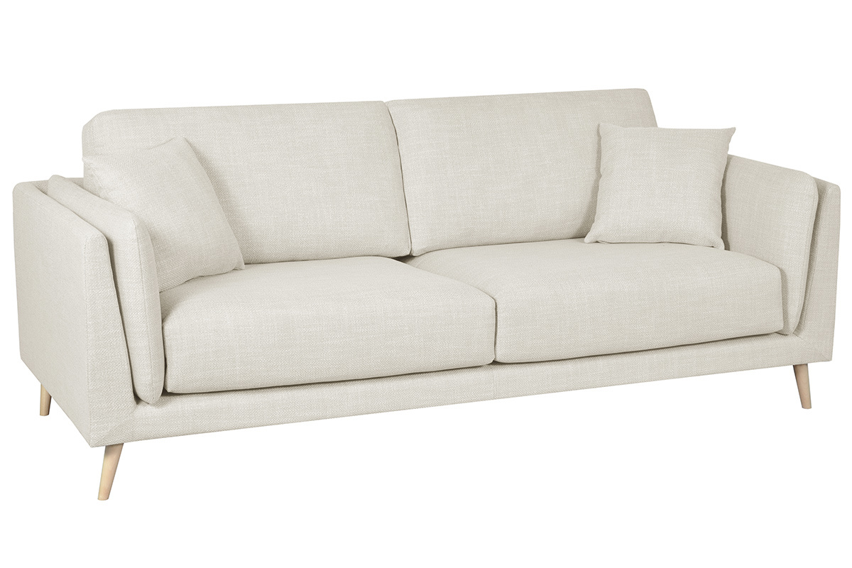 Canap� scandinave 3 places en tissu beige ivoire et bois clair VOGUE
