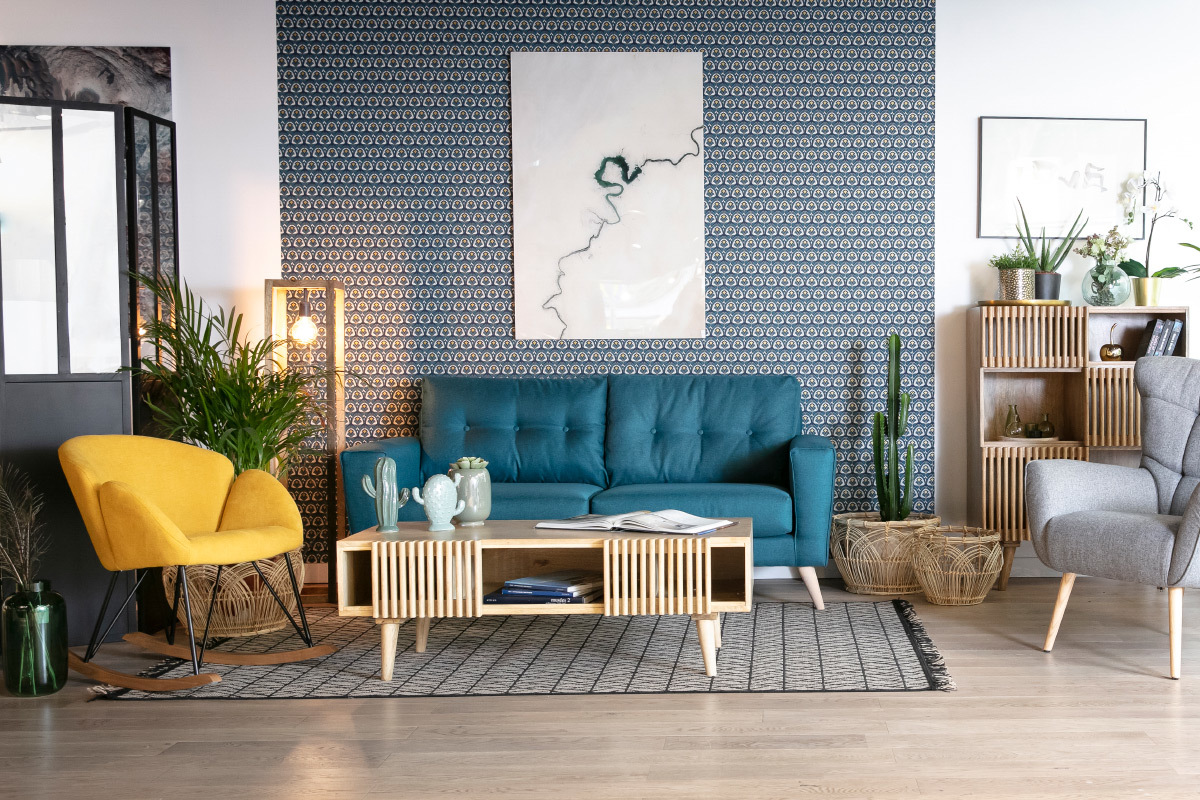 Canap� scandinave 3 places en tissu bleu canard et bois clair BEAUBOURG