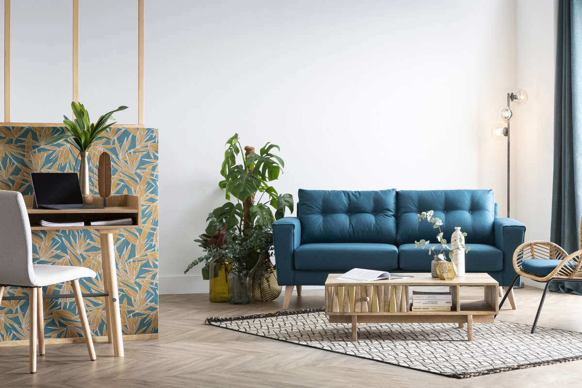 Canap� scandinave 3 places en tissu bleu canard et bois clair BEAUBOURG