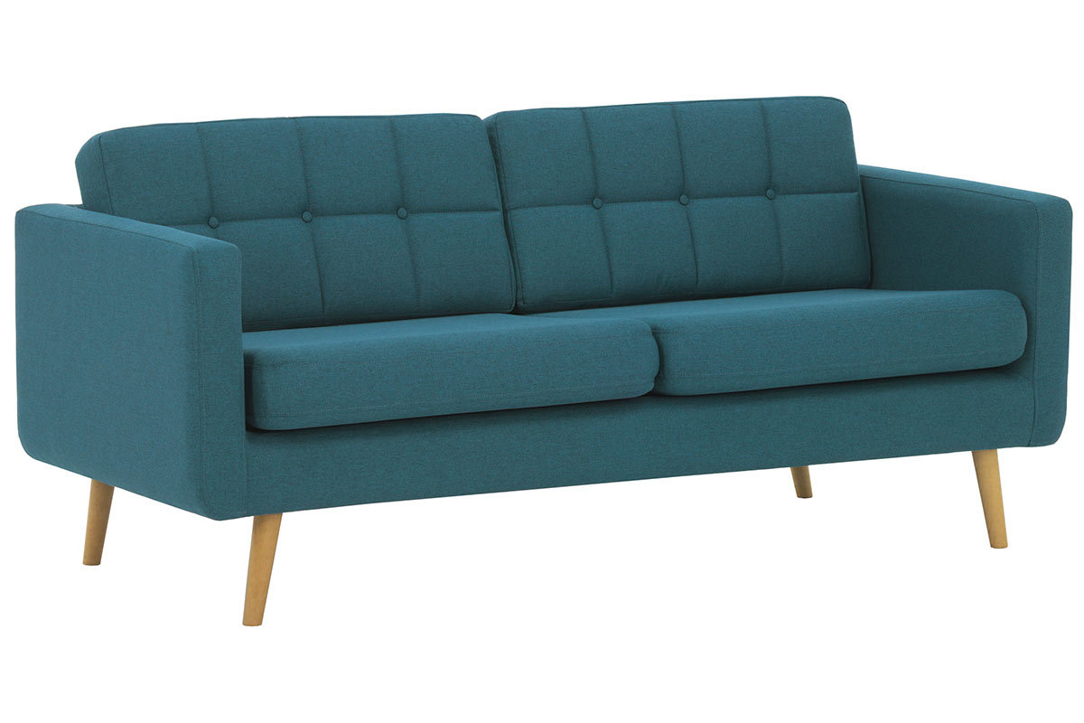 Canap scandinave 3 places en tissu bleu canard et bois ELFE
