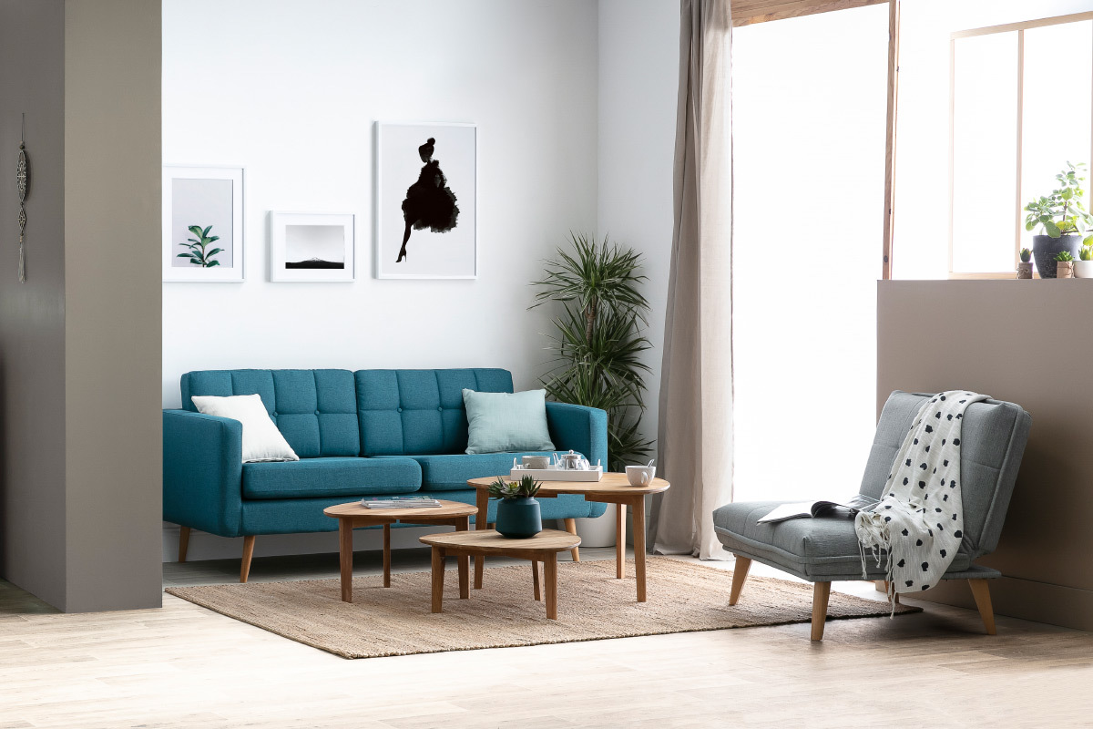 Canap scandinave 3 places en tissu bleu canard et bois ELFE