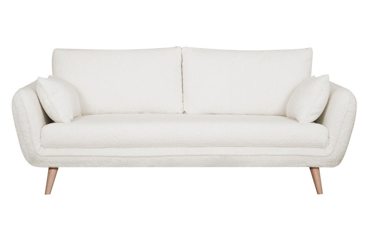 Canap� scandinave 3 places en tissu effet peau de mouton blanc et bois clair CREEP