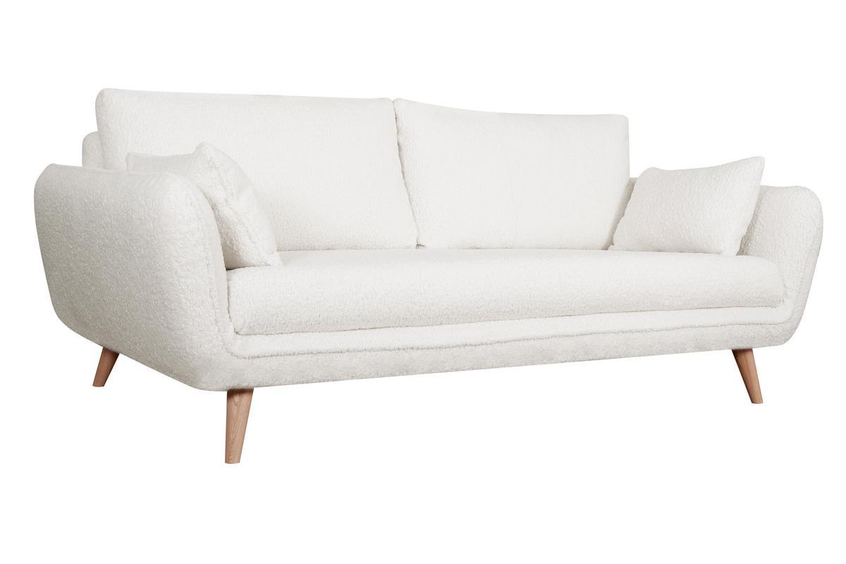 Canap� scandinave 3 places en tissu effet peau de mouton blanc et bois clair CREEP