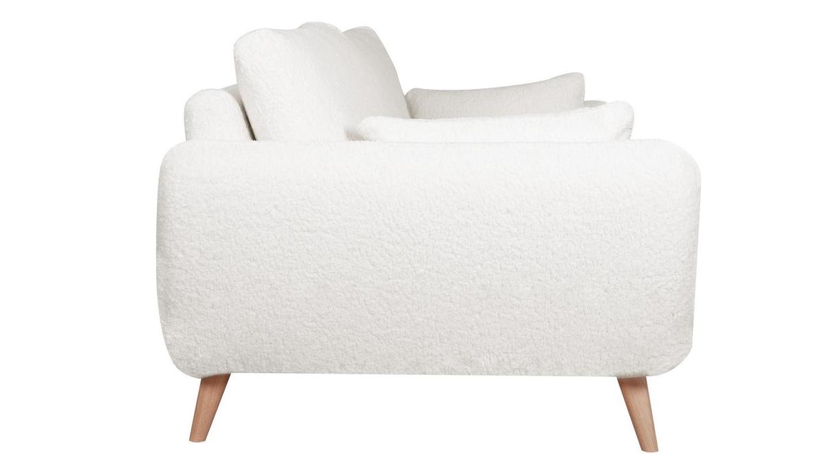 Canapé scandinave 3 places en tissu effet peau de mouton blanc et bois clair CREEP