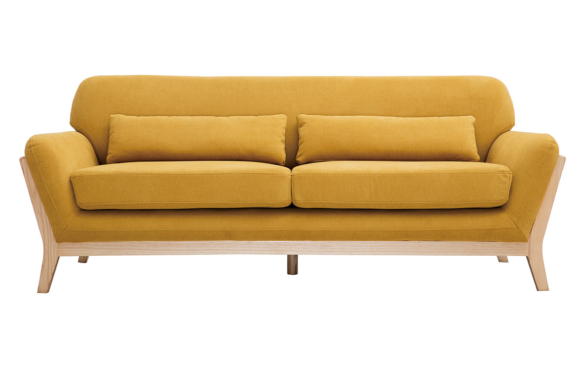 Canap scandinave 3 places en tissu effet velours jaune moutarde et bois clair YOKO