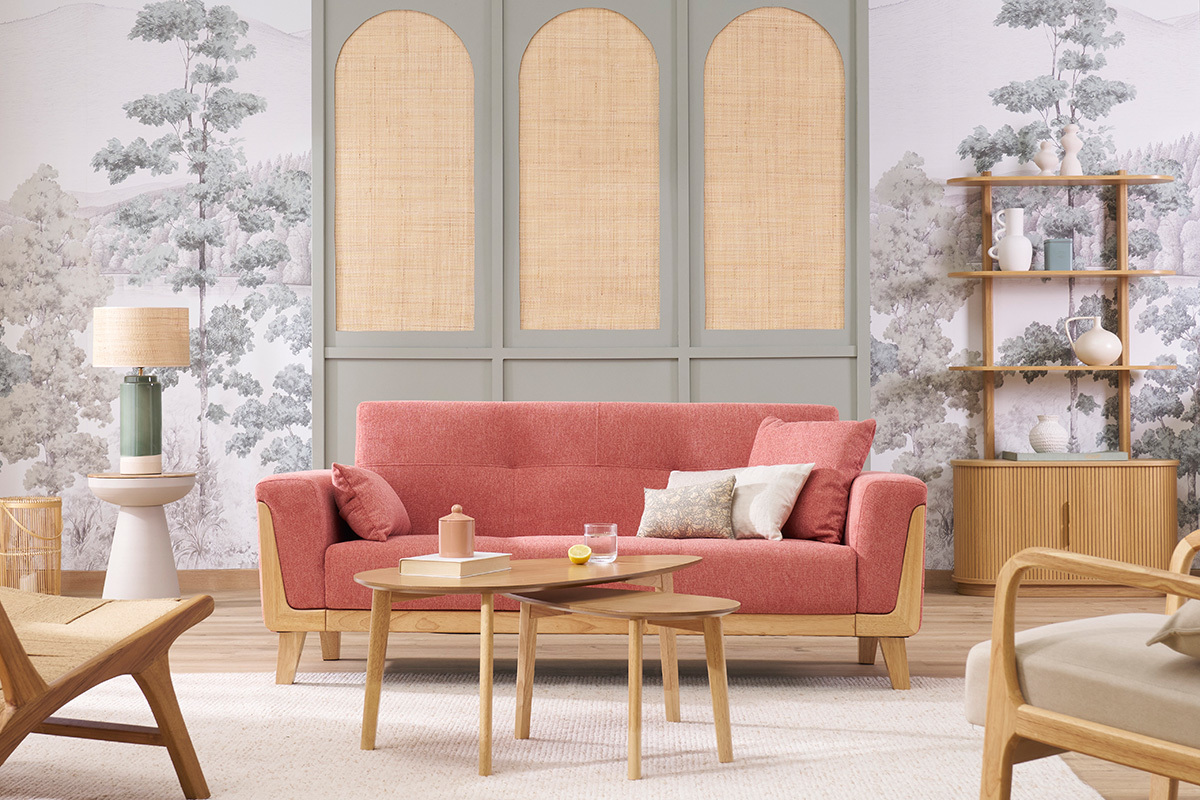 Canap scandinave 3 places en tissu effet velours textur terracotta et bois clair FJORD