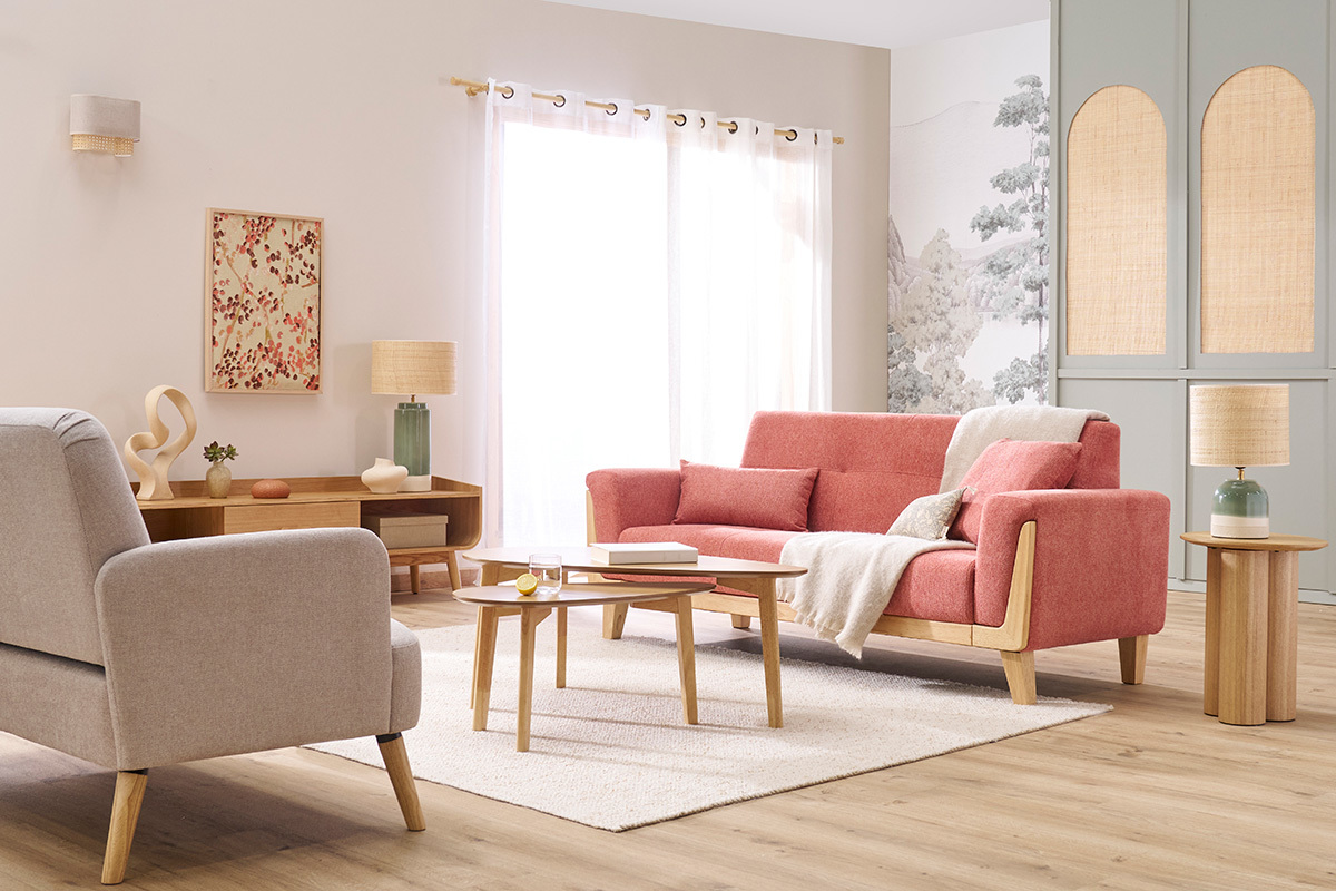 Canap scandinave 3 places en tissu effet velours textur terracotta et bois clair FJORD