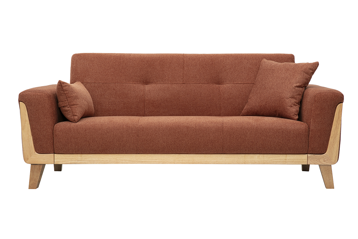 Canap� scandinave 3 places en tissu velours textur� terre br�l�e avec accoudoirs en bois clair, vue de face.