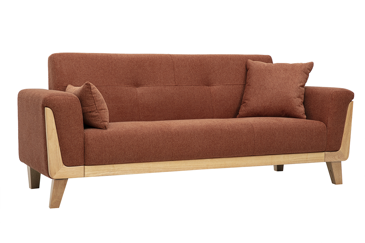 Canap� scandinave 3 places en tissu effet velours terre br�l�e avec accoudoirs en bois clair, vue de 3/4.