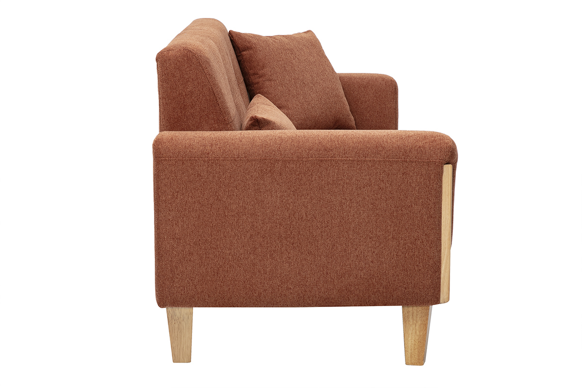 Canap� scandinave 3 places en tissu effet velours terre br�l�e, vue de profil sur pieds en bois clair.