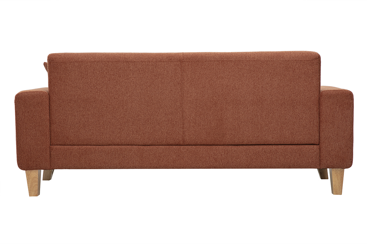 Canap� scandinave 3 places vue de dos en tissu effet velours textur� terre br�l�e et bois clair