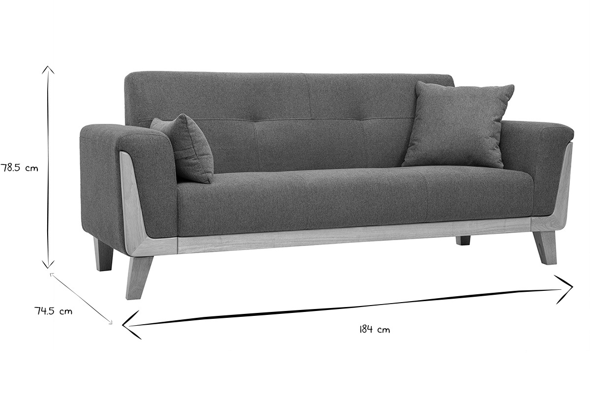 Dimensions du canap� scandinave 3 places : L184 x P74.5 x H78.5 cm en noir et blanc.