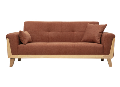 Canap&eacute; scandinave 3 places en tissu effet velours textur&eacute; terre br&ucirc;l&eacute;e et bois clair FJORD