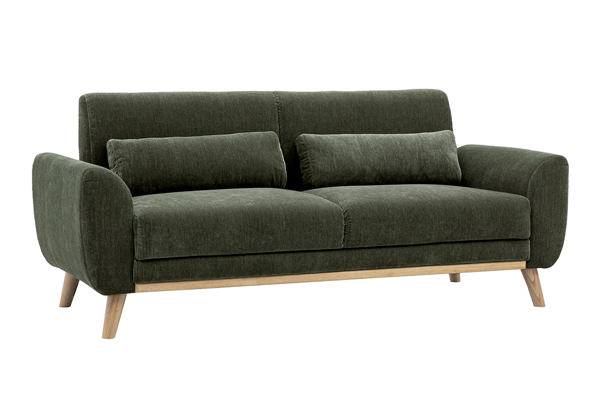 Canap� scandinave 3 places en tissu velours textur� vert kaki avec pi�tement en bois clair, vue de 3/4