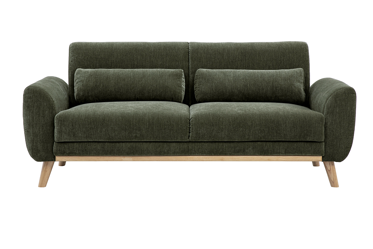 Canap� scandinave 3 places en tissu effet velours textur� vert kaki, vue de face, pieds en bois clair.