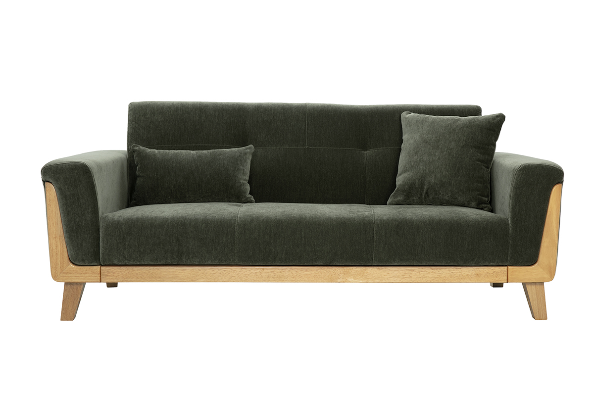 Canap scandinave 3 places en tissu effet velours vert kaki et bois clair FJORD