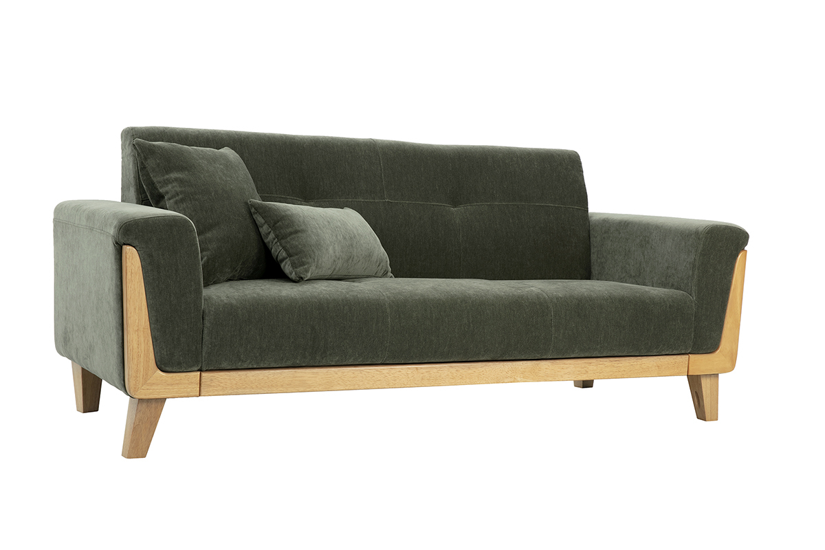 Canap scandinave 3 places en tissu effet velours vert kaki et bois clair FJORD