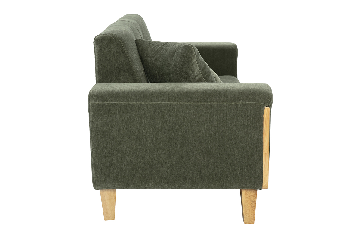 Canap scandinave 3 places en tissu effet velours vert kaki et bois clair FJORD