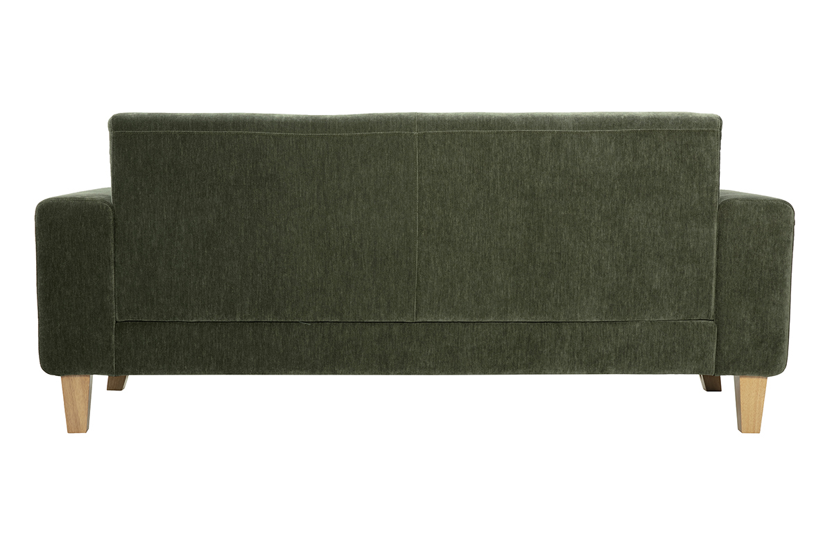 Canap scandinave 3 places en tissu effet velours vert kaki et bois clair FJORD