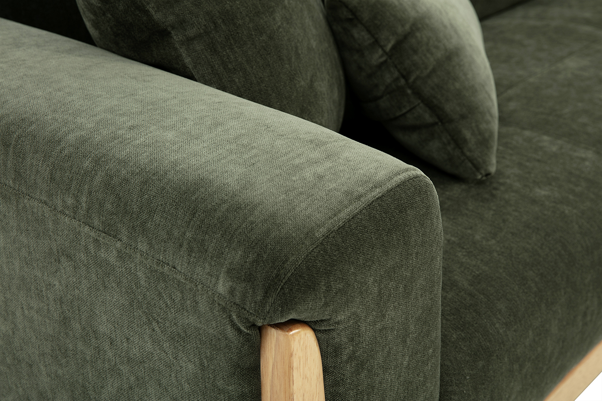 Canap scandinave 3 places en tissu effet velours vert kaki et bois clair FJORD