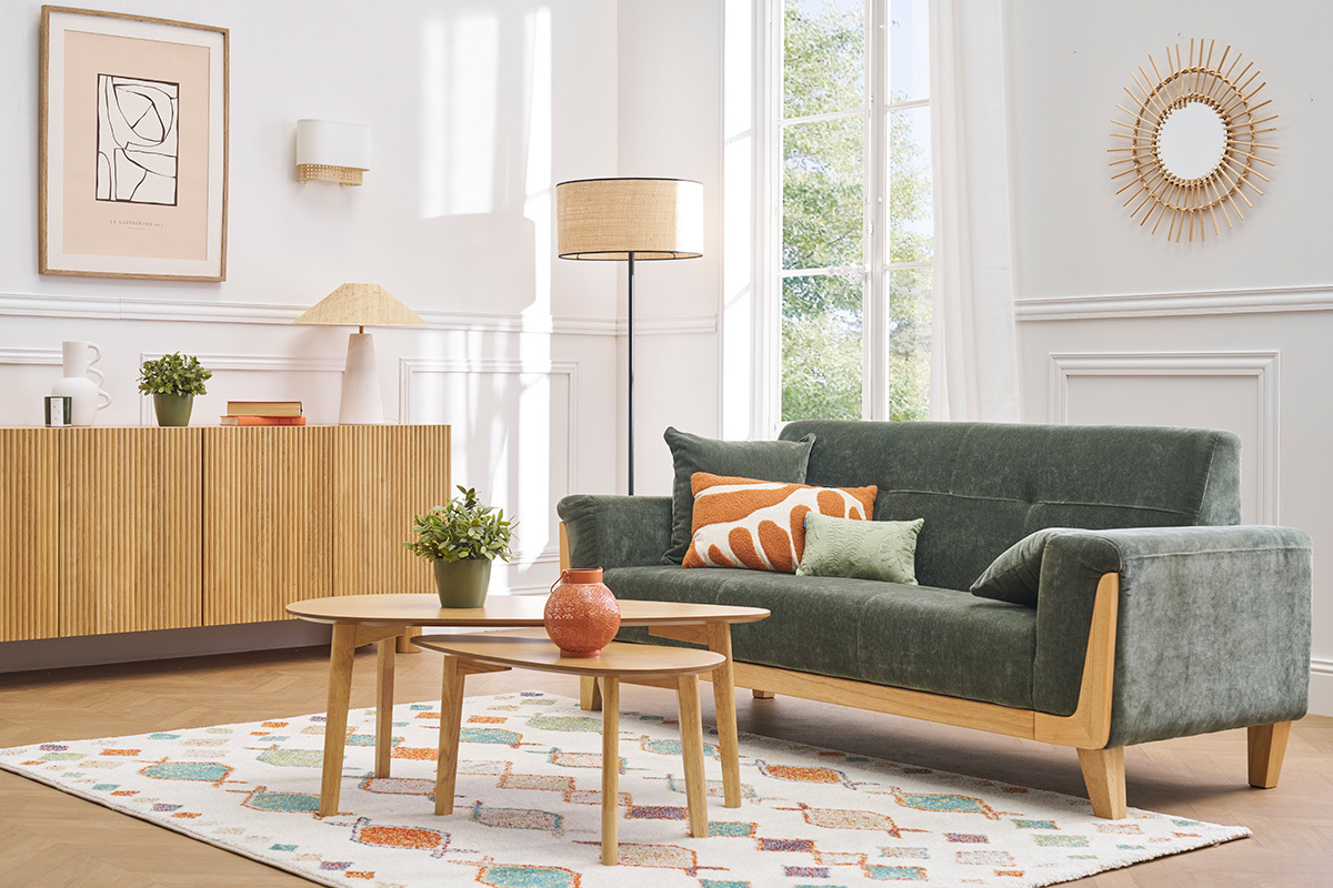 Canap scandinave 3 places en tissu effet velours vert kaki et bois clair FJORD