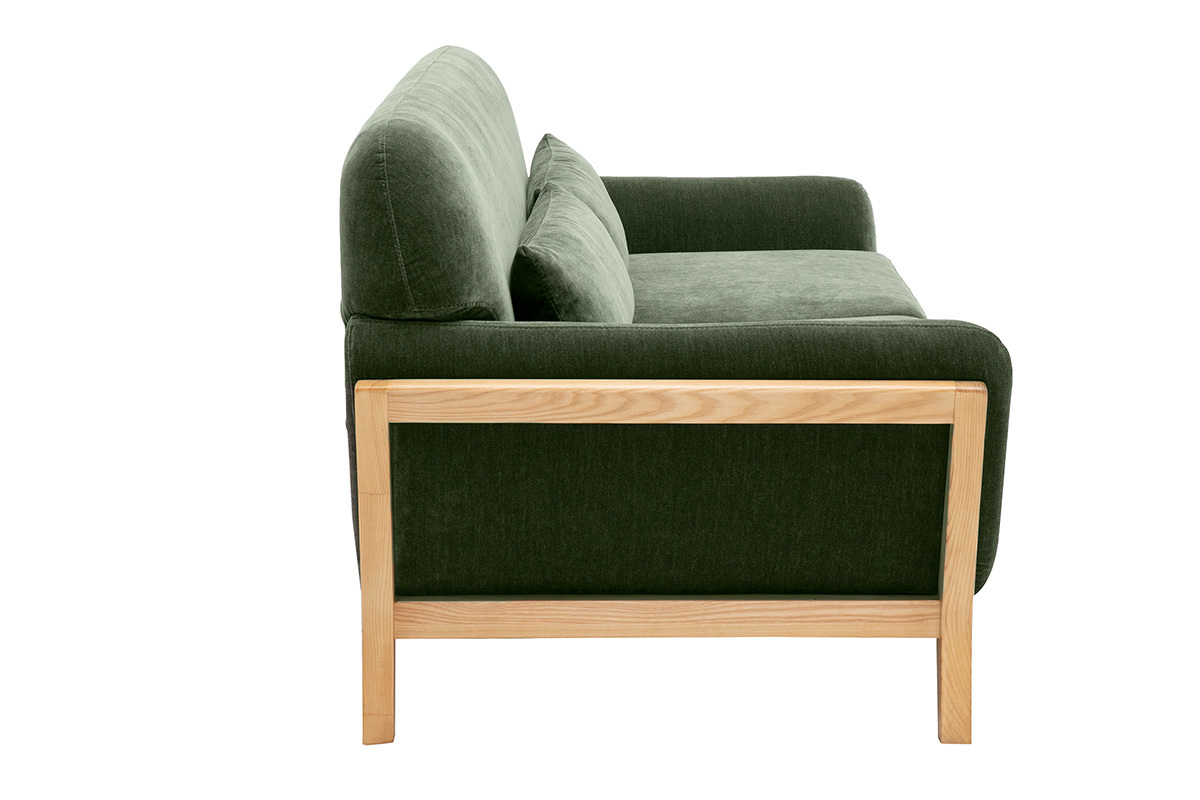 Canap� scandinave 3 places en tissu vert kaki, vue de profil avec structure en bois clair.