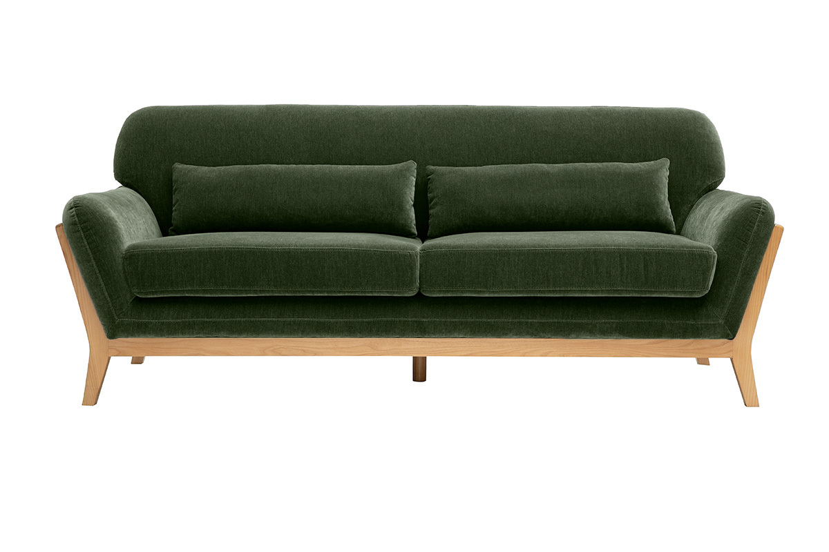 Canap� scandinave 3 places en tissu effet velours vert kaki et bois clair, vue de face.