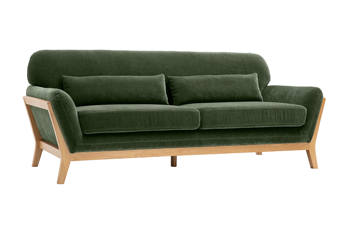 Canap� scandinave 3 places vert kaki avec coussins, structure en bois clair, vue de 3/4.