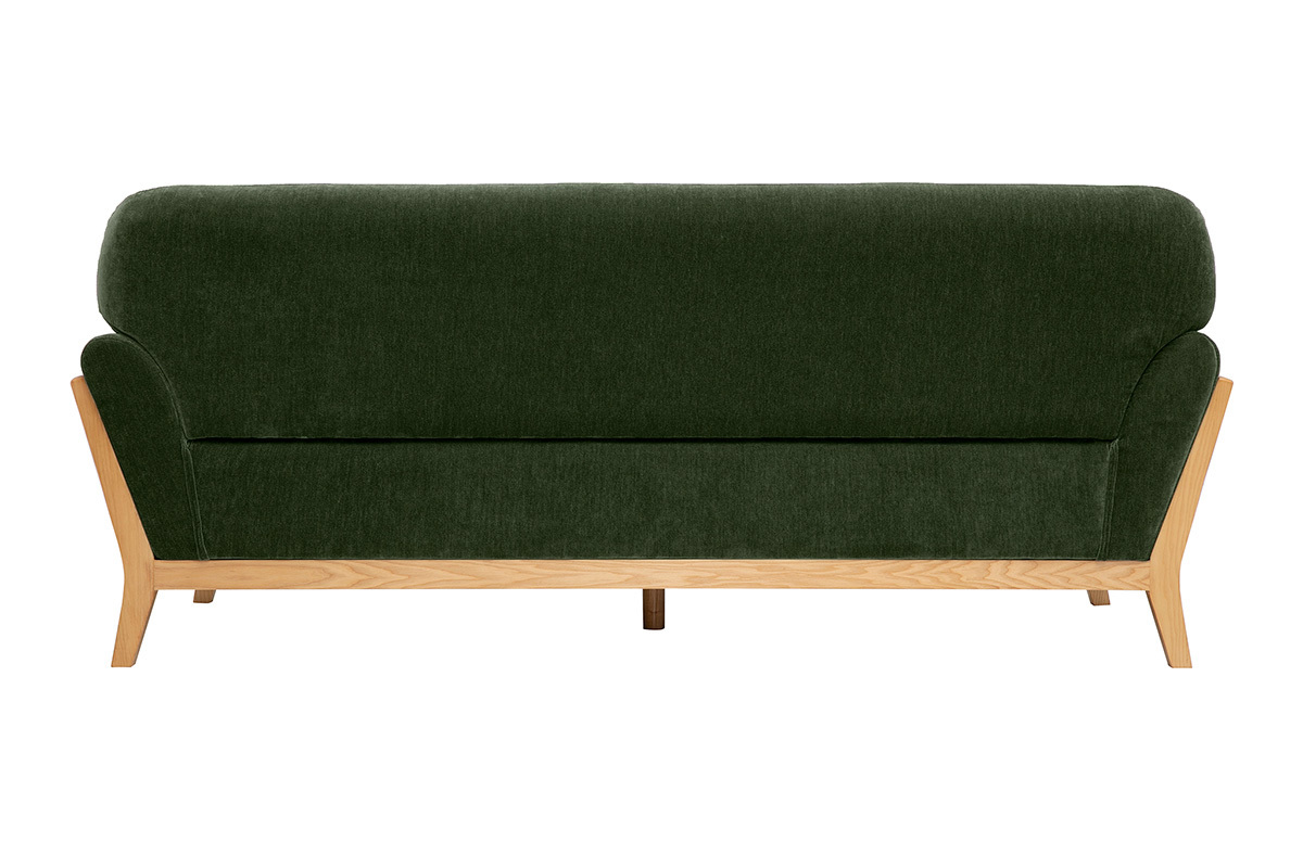 Canap� scandinave 3 places en tissu velours vert kaki, vue de dos, avec pieds en bois clair.