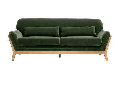 Canap&eacute; scandinave 3 places en tissu effet velours vert kaki et bois clair YOKO