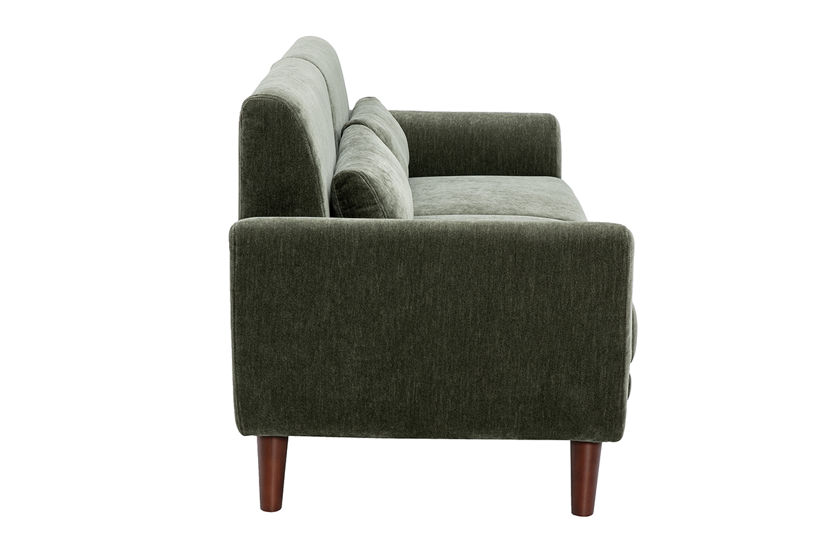 Canap� scandinave 3 places en tissu vert kaki, vue de profil avec accoudoirs et pieds en bois fonc�.