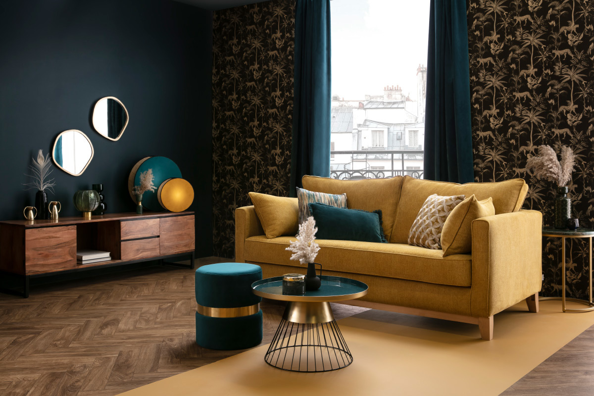 Canap� scandinave 3 places en tissu gris chin� et bois clair HARRISON