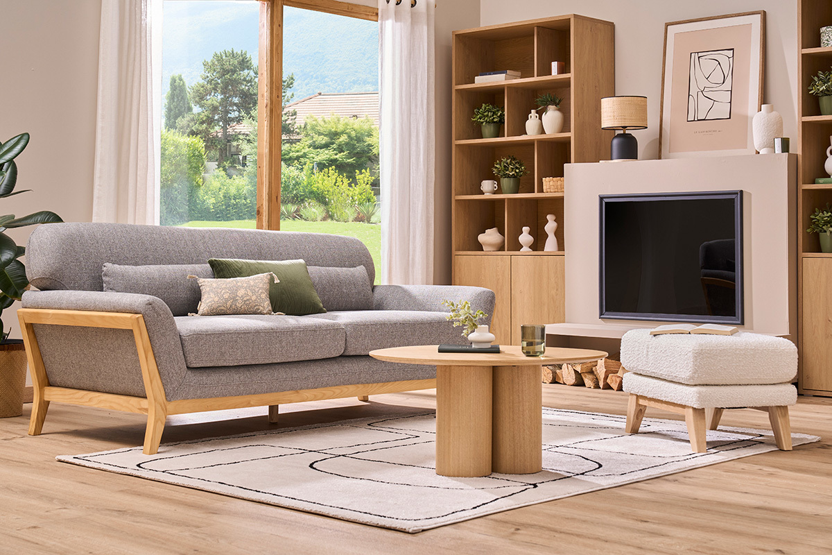 Canap scandinave 3 places en tissu gris et bois clair YOKO