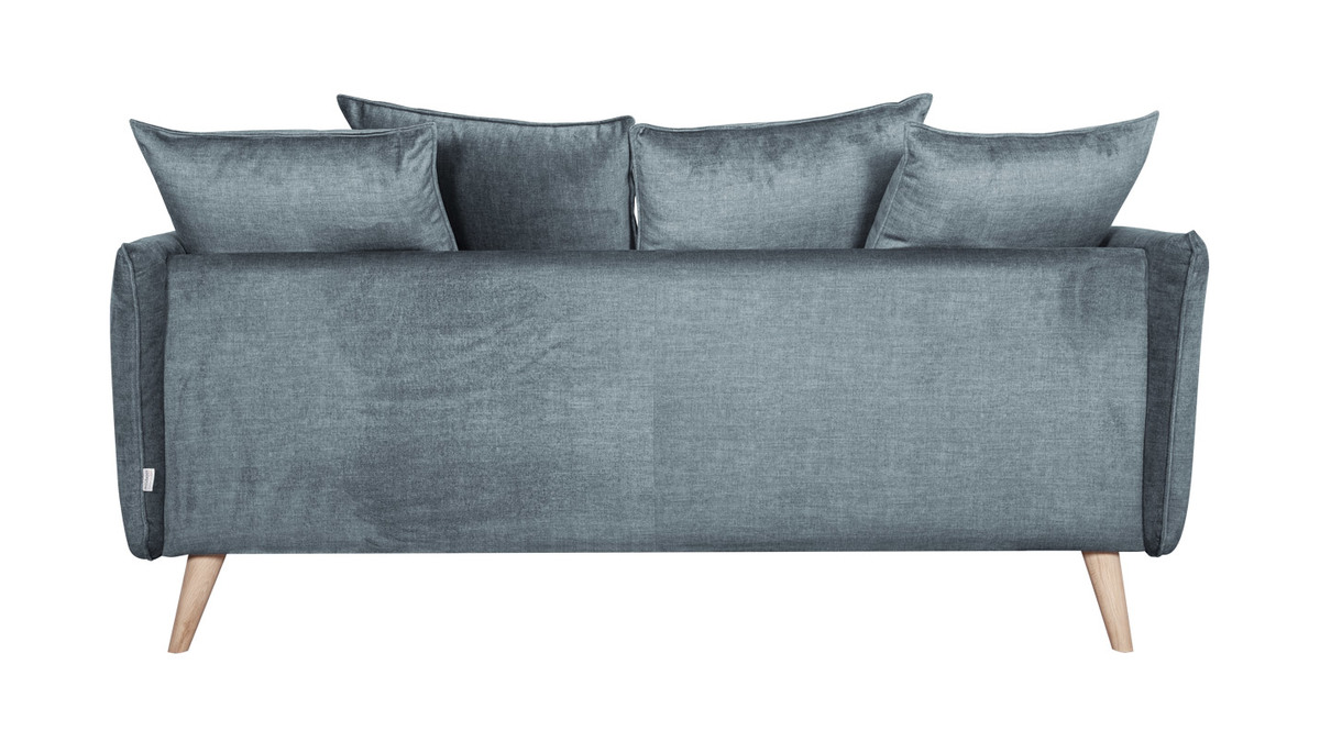 Canapé scandinave 3 places en tissu velours bleu gris et bois clair OLYMPIA