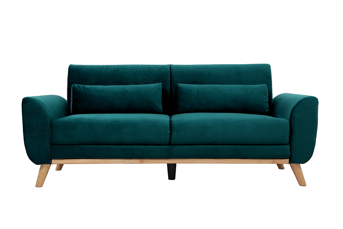 Canap scandinave 3 places en velours bleu ptrole, pieds en bois clair, vue de face.