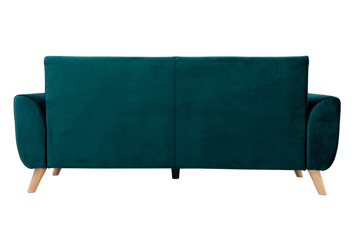 Canap scandinave 3 places en velours bleu ptrole, vue de dos, pieds en bois clair.