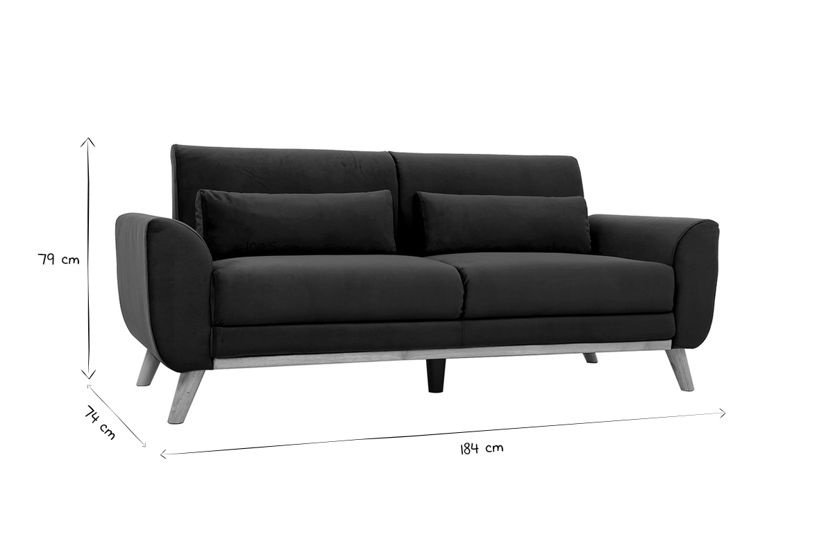 Canap scandinave 3 places en noir et blanc, dimensions affiches : 79x74x184 cm.