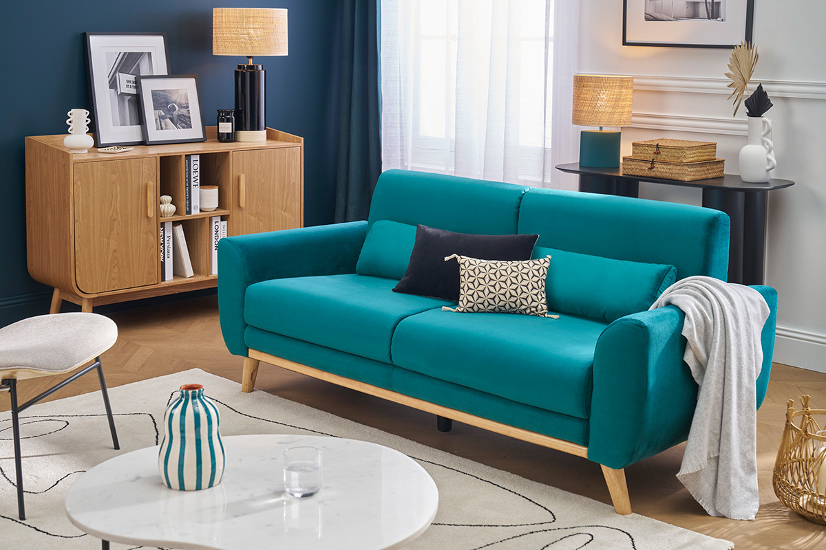 Canap scandinave 3 places en tissu velours bleu ptrole et bois clair EKTOR
